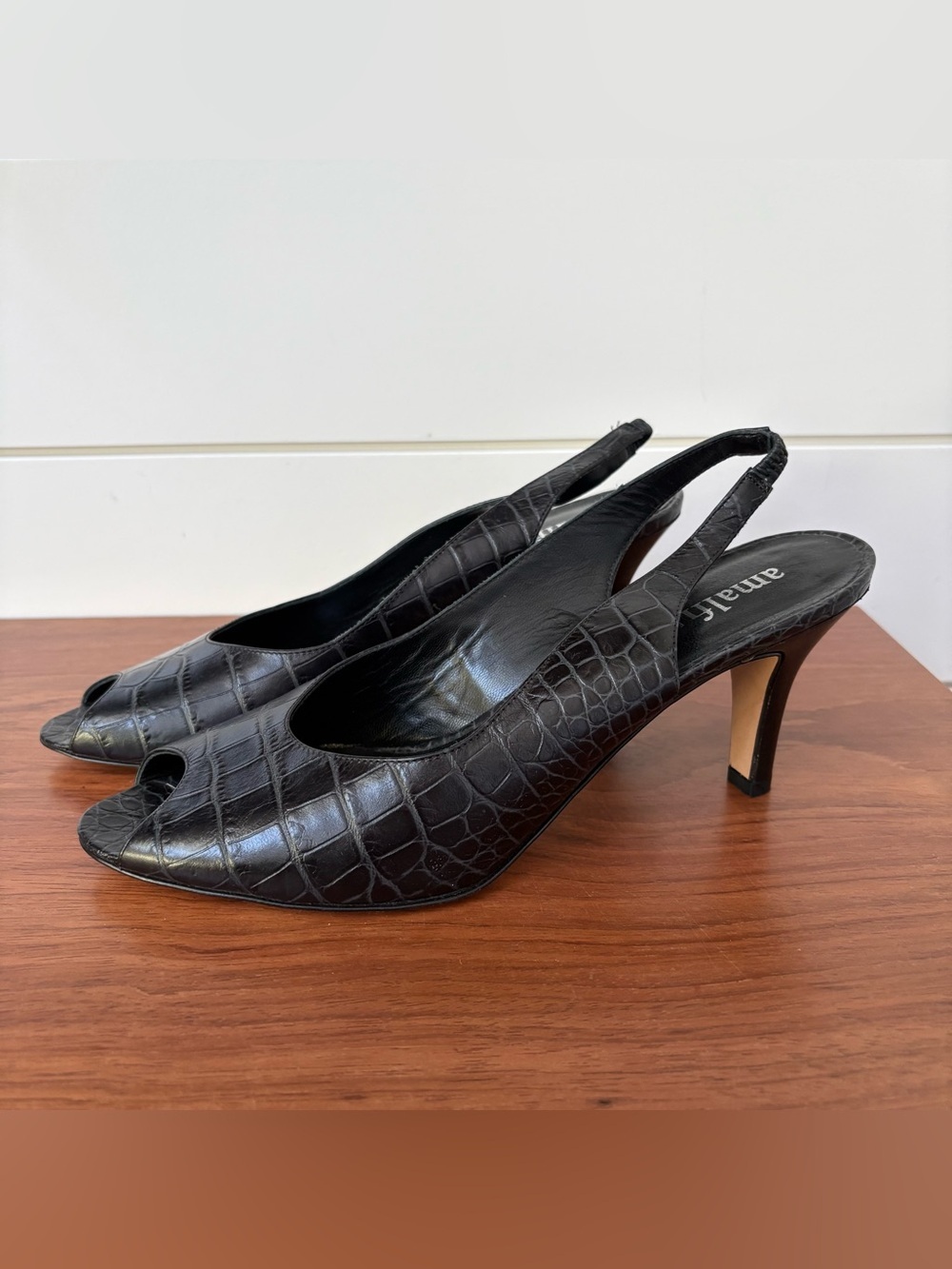 Nordstrom Amalfi Black Crocodile Embossed Leather Slingback Heel Pumps Shoes 8.5
